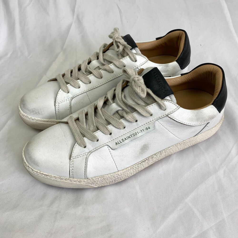 All Saints White Leather Low-Top Sneakers with Black Heel Tab
